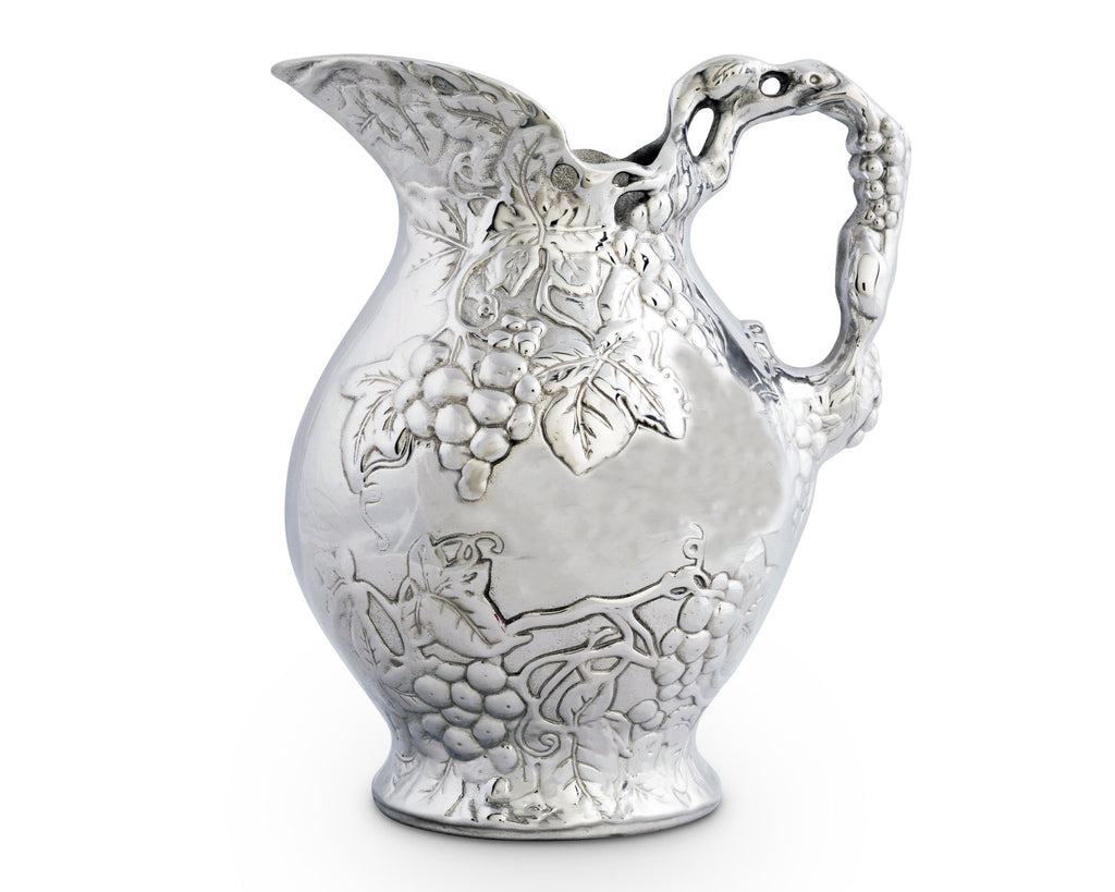 Arthur Court Metal Vineyard Pitcher Grape Pattern Sand Casted in Aluminum with Artisan Quality Hand Polished Design Tanish Free Water Jug for Hot / Cold Water, Ice Tea and Juice Beverage 10 inch Tall