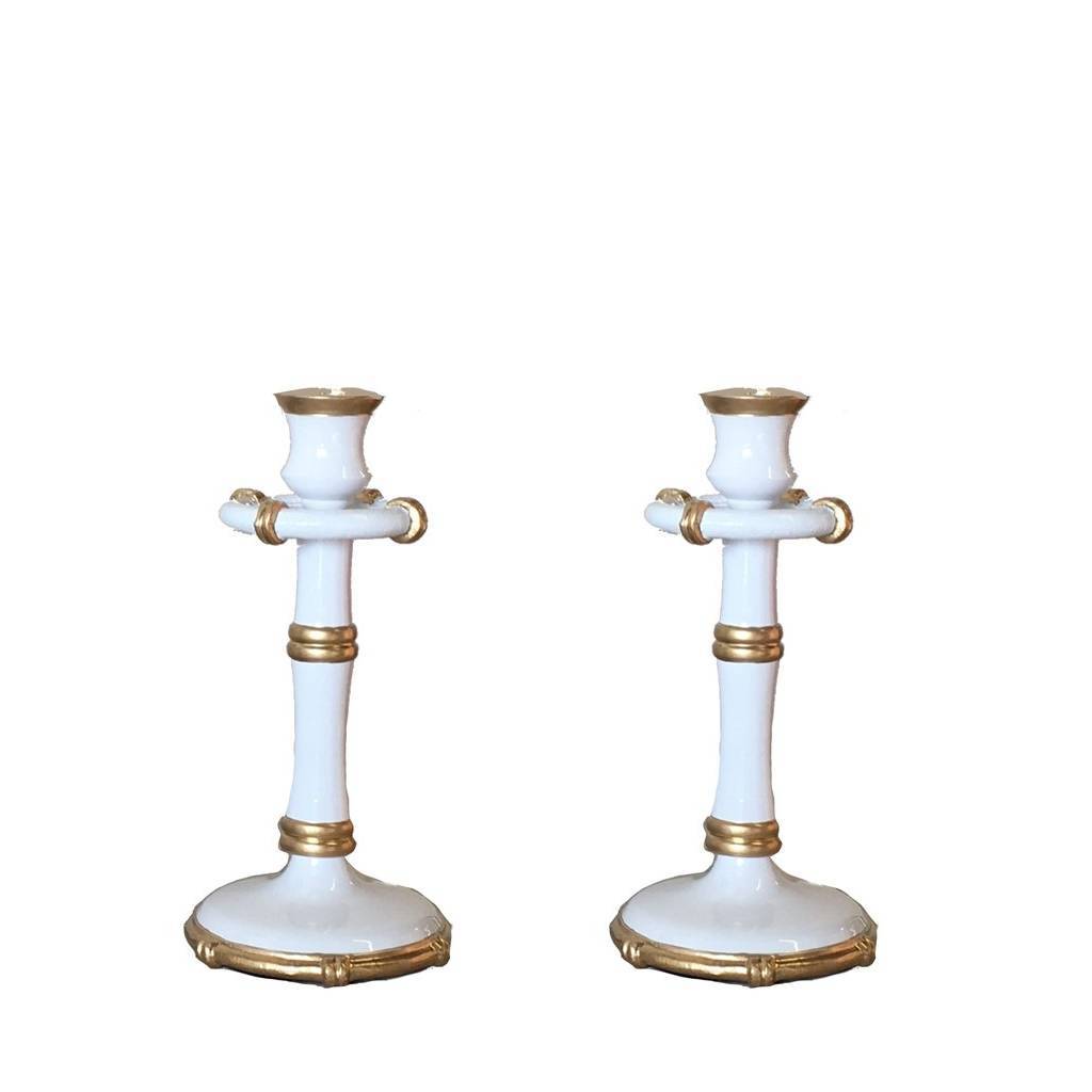 Dana Gibson Pair of Medium Bamboo Candlesticks in White